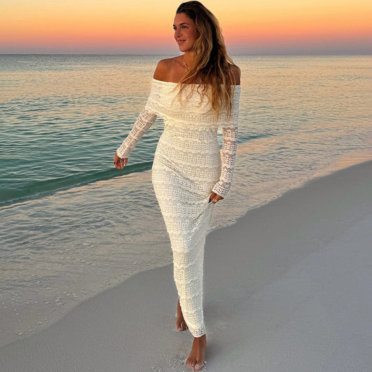 Amazon New Fashionable Elegant Socialite Style Off-shoulder Lace Dress Women