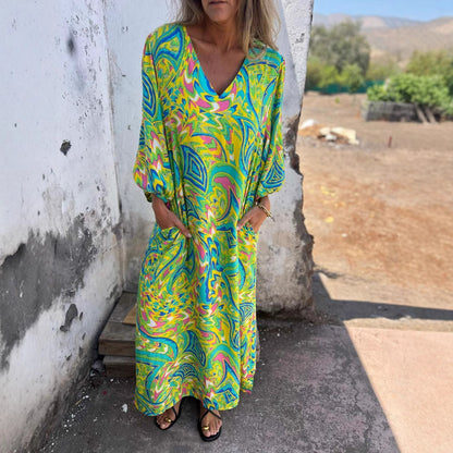 Loose Casual V-neck Printed Tape Pocket Dress