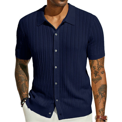 Summer Cool Knitted Men's Shirt Short Sleeved Lapel Solid Color