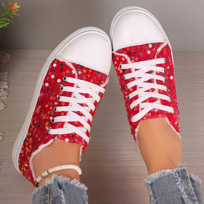 Fashion Round Toe Flat Bottom Lace-up Sequins Casual Pumps