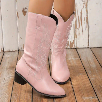 Plus Size Autumn New Mid-calf Riding Boots Embroidered Mid Heel Snow