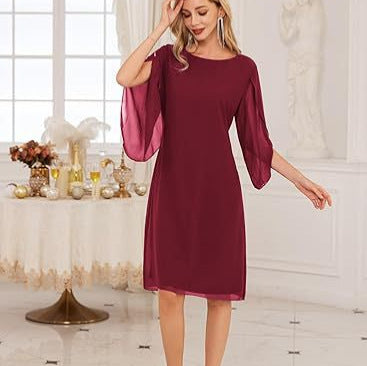 European And American Irregular Sleeve Solid Color Chiffon Mid-length Casual Dress