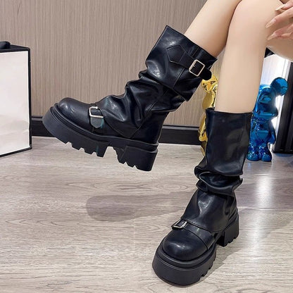 Trendy Retro Handsome Locomotive Thick Bottom Boots Female