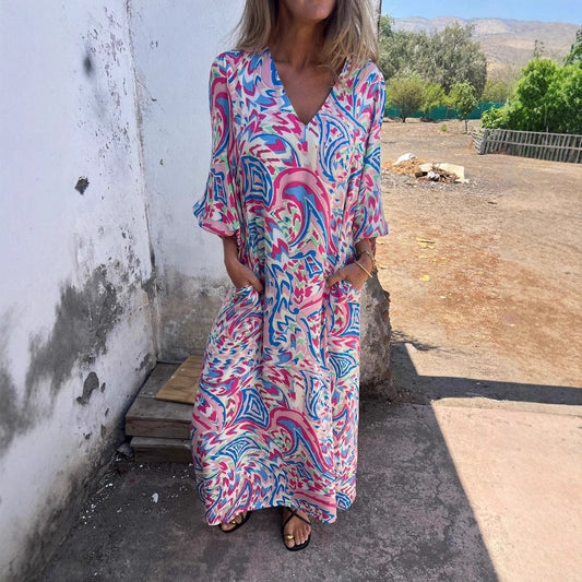 Loose Casual V-neck Printed Tape Pocket Dress