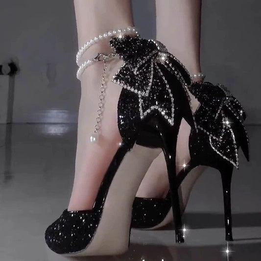 Scarpe Donna con Tacco Alto a Punta Appuntita, Fiocco e Paillettes
