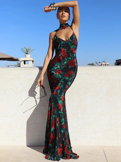 Halter Backless Print Abito sexy elegante