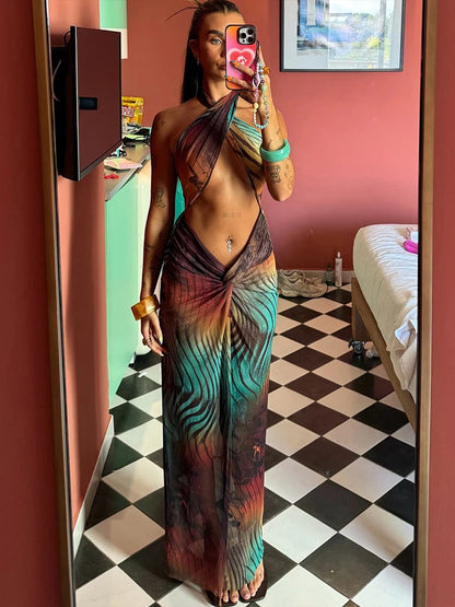 Weird Puss Gradient Colorful Vestito Donna Hollow Cross Halter Backless