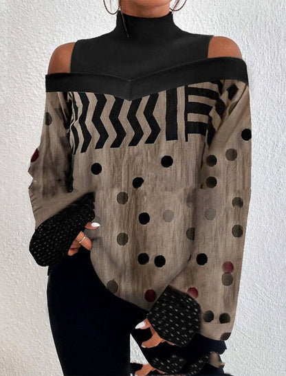 Turtleneck Off-the-shoulder Long Sleeve Printed Top