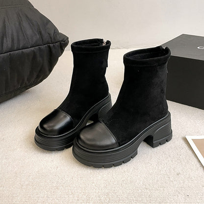 Retro Chunky Heel Versatile High-rise Suede Smoke Tube Boots