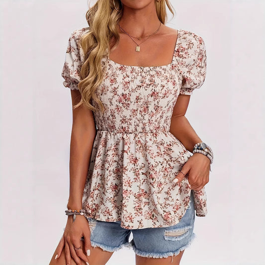 Square Collar Smocking Ruffle Sleeve Floral Vacation Top