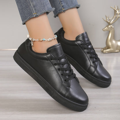 Lace-up White Shoes Women's Flat Leather Surface Sneakers