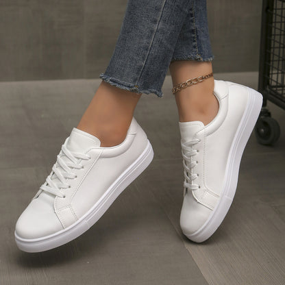 Lace-up White Shoes Women's Flat Leather Surface Sneakers