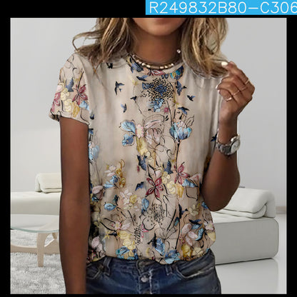Digital Printing Loose Casual Women's Round Neck T-shirt