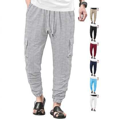 Loose Breathable Micro Elastic Lace-up Imitation Linen Plaid Men's Casual Pants Overalls