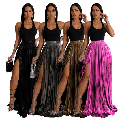 European And American Graceful And Fashionable Skirt Solid Color High Waist Pleated Slit Dress