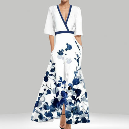 Tight Waist Slim Print V-neck Long-sleeve Dress