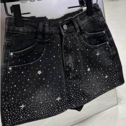 Retro Rhinestone Bright Star River Slim-fit Slimming Denim Skirt