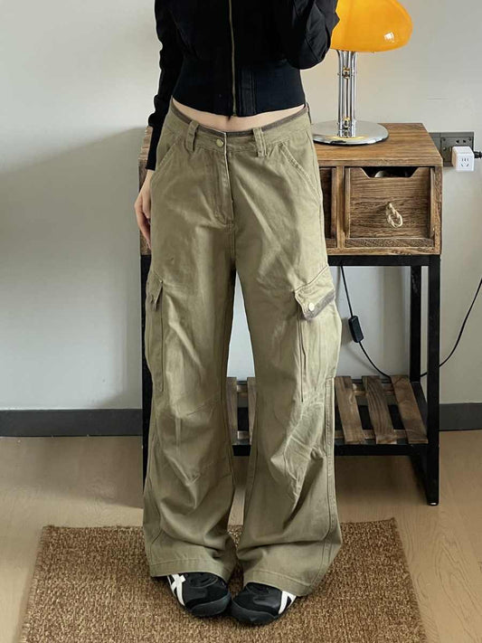 Jeans Donna Retro Workwear Wide Leg Vita Alta Multi-tasche Casual