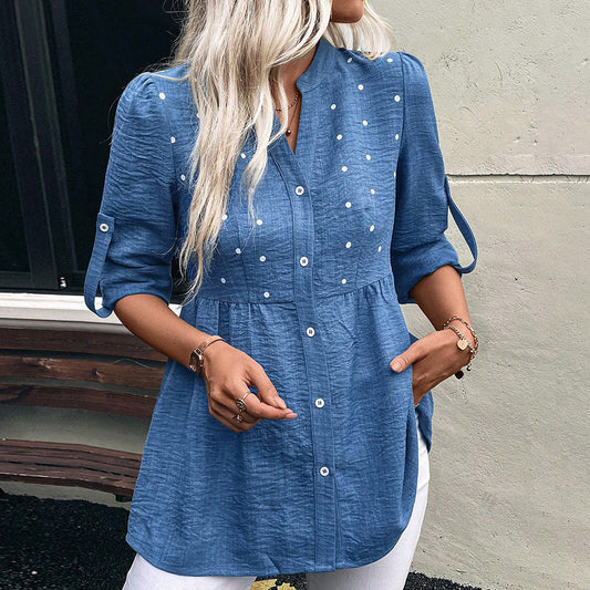 Women's Denim Printing Short Sleeve Embroidered Notched Collar Printed Casual Daily Summer Top