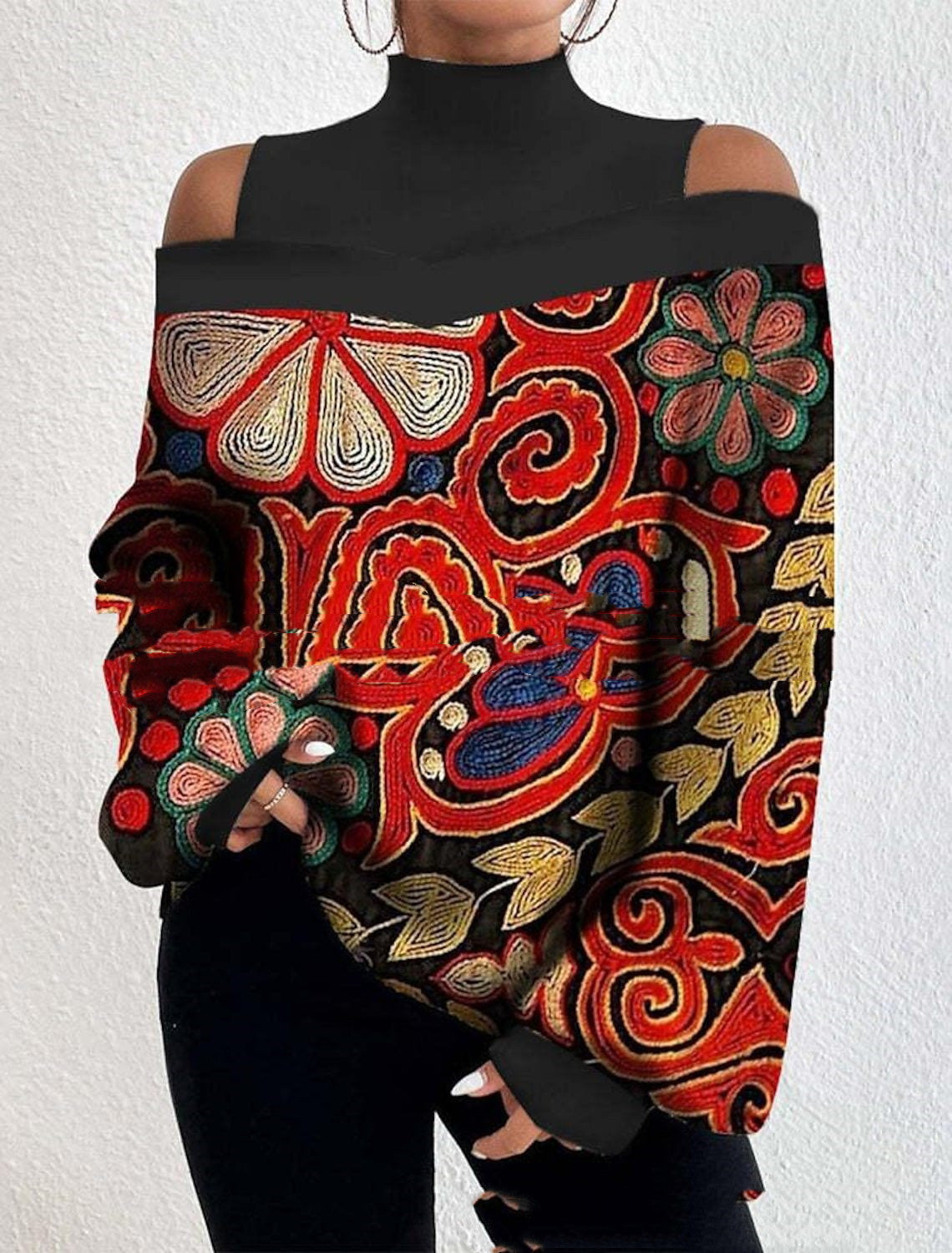 Turtleneck Off-the-shoulder Long Sleeve Printed Top