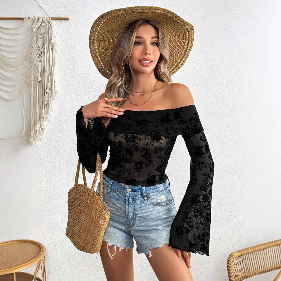 European And American Mesh Flocking Floral Print Off-the-shoulder Flared Sleeves Slim T-shirt