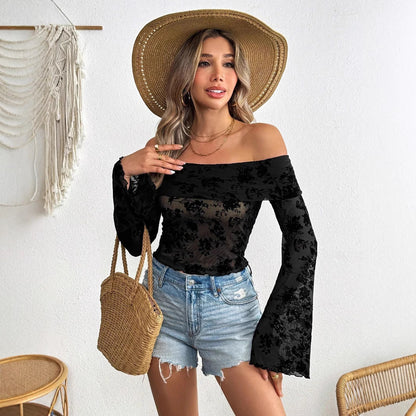 European And American Mesh Flocking Floral Print Off-the-shoulder Flared Sleeves Slim T-shirt