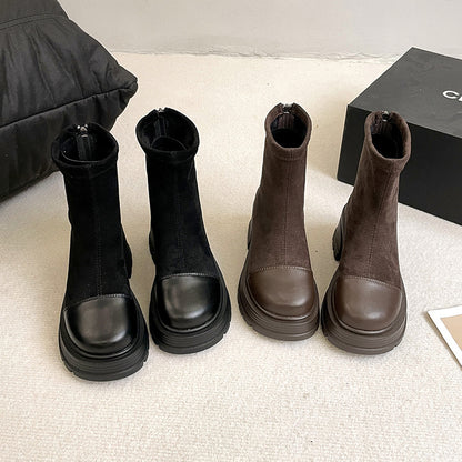 Retro Chunky Heel Versatile High-rise Suede Smoke Tube Boots