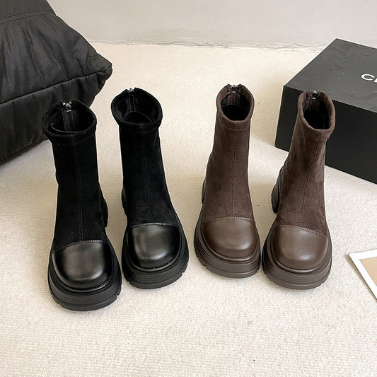 Retro Chunky Heel Versatile High-rise Suede Smoke Tube Boots