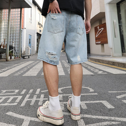Pantaloncini Uomo in Denim Strappato – Loose Fit Casual Stile Hip Hop