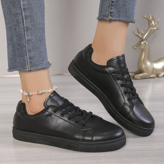 Lace-up White Shoes Women's Flat Leather Surface Sneakers
