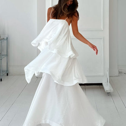 Sleeveless White Satin Drape Dress