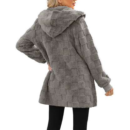 Cardigan Plaid Jacquard Hooded Pocket Plush Cardigan Jacket
