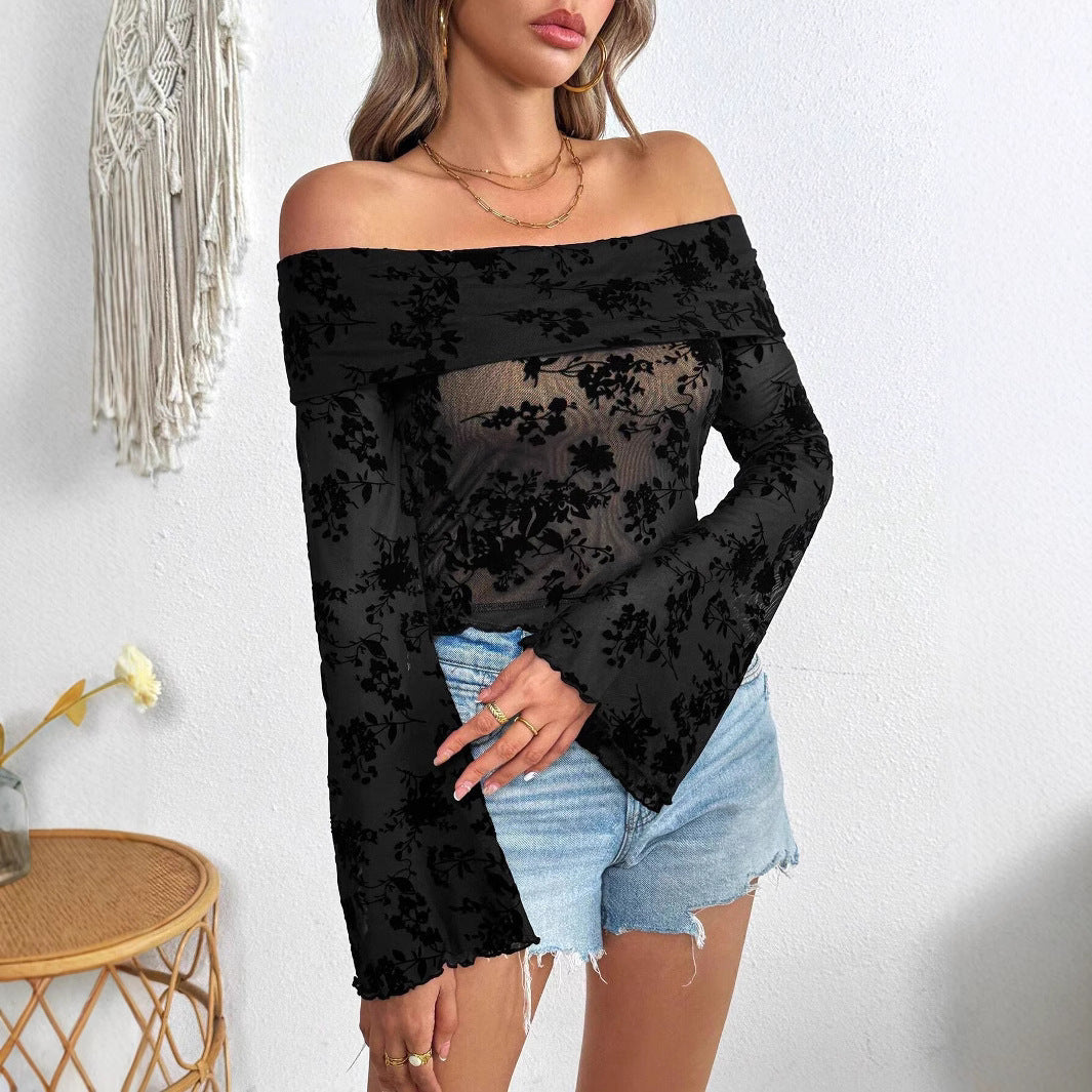 European And American Mesh Flocking Floral Print Off-the-shoulder Flared Sleeves Slim T-shirt