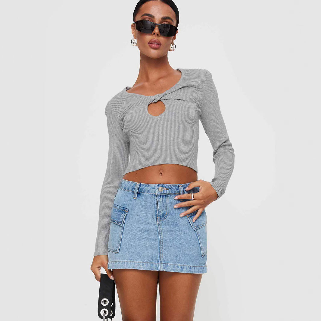 Solid Color Low Waist Denim Slim Fit Package Hip Skirt