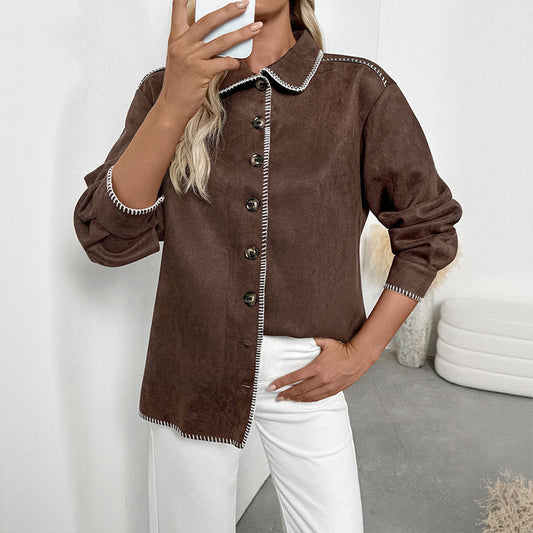Casual Retro Style Trim Color Stitching Turnover Neck Loose Shirt Coat For Women