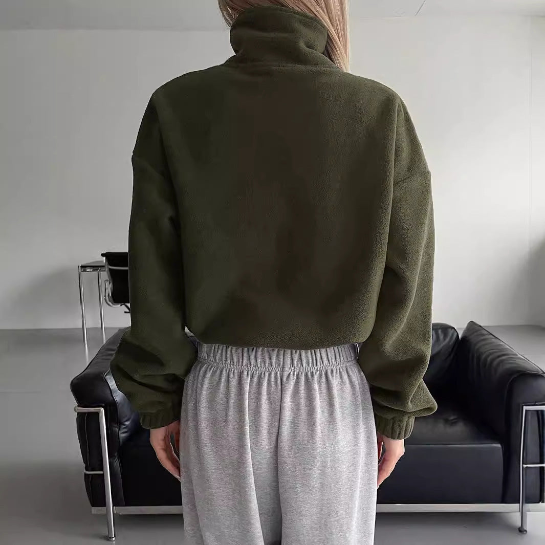 Short Autumn And Winter Stand-up Collar Thick Lamb Wool Drawstring Coat Women
