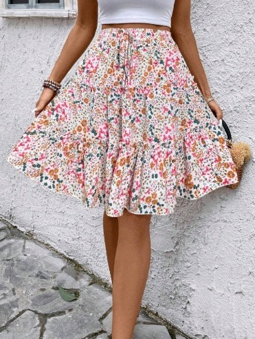Gonna Donna Linea A con Stampa Floreale Vita Elastica Orlo a Strati Stile Socialite