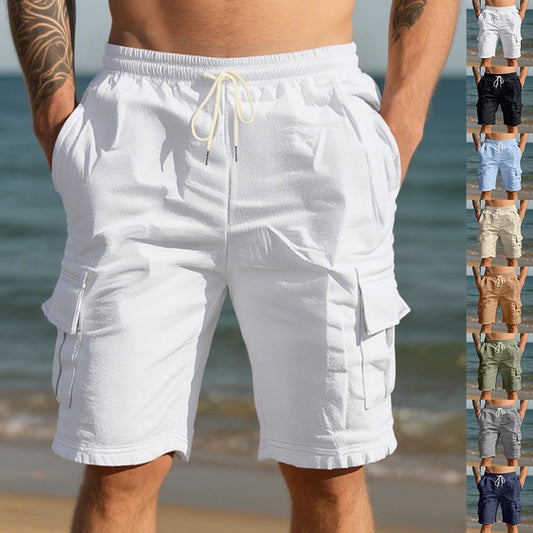 Shorts estivi da uomo in lino, larghi e traspiranti, con più tasche