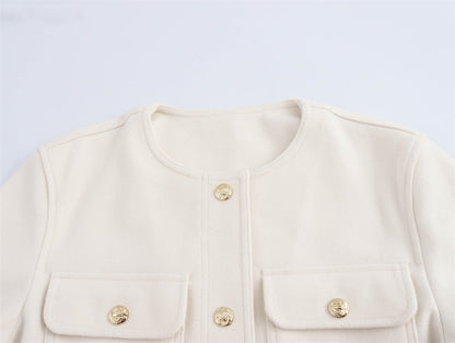 Temperament Crew Neck Long Sleeve Pocket Decorative Jacket Coat