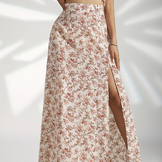 Gentle High Waist Slit Floral Skirt For Women