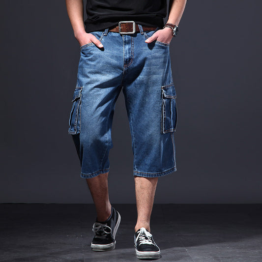 Jeans Uomo Estate Cropped Pants Mid Waist Blue Casual