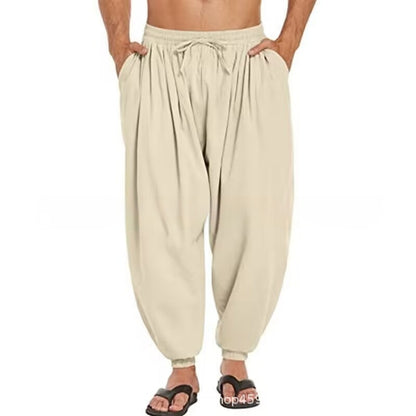 Solid Color Cotton And Linen Pocket Stretch Men's Casual Trousers
