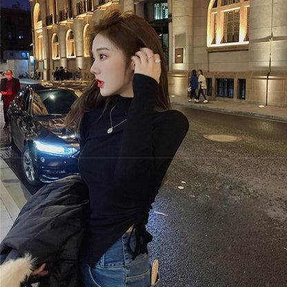 Turtleneck Long Sleeve Drawstring Ruffle Bottoming Top