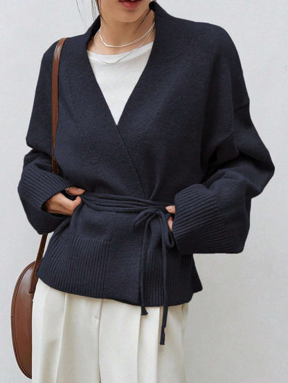 Dazy-Less Drop Shoulder Belted Cardigan