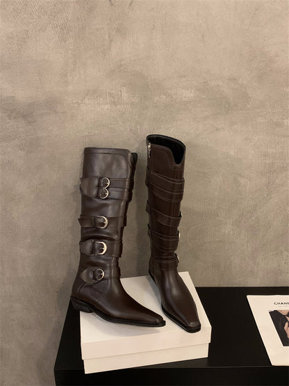 Chunky Heel Pointed Brown Maillard Boots Women's Shoes