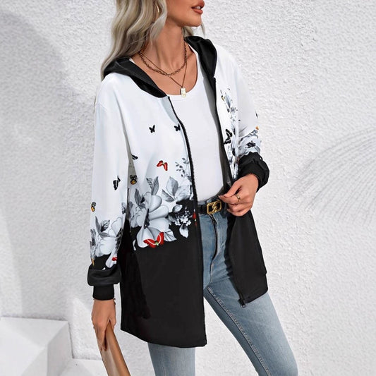 Printed Mid-length Zip Hooded Jacket