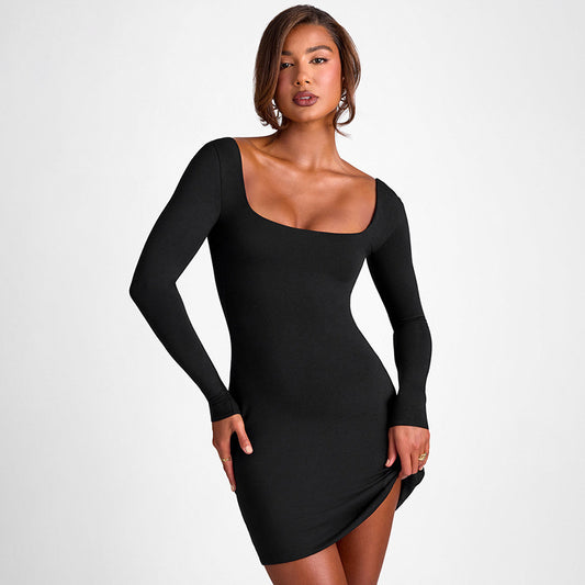 Long Sleeve Stitching Low Waist Solid Color Lace-up Backless Short Dress