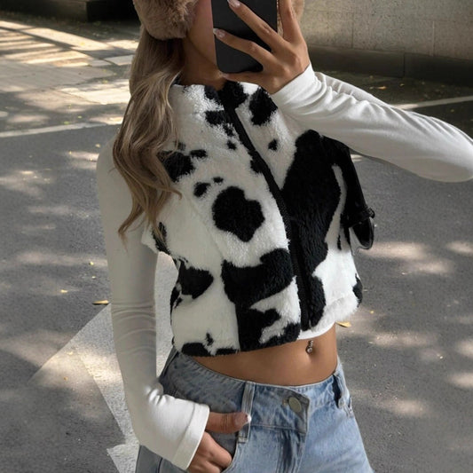 Women's Cows Pattern Zipper Vest Ins Style Furry Coat