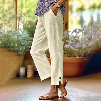 Cotton And Linen Loose Pure Color Elastic Waist Pocket Straight Casual Pants