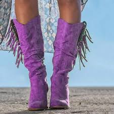 Stivali Donna Taglie Forti Sopra il Ginocchio Tacco Grosso con Nappine Zip Laterale – Viola N.34-43